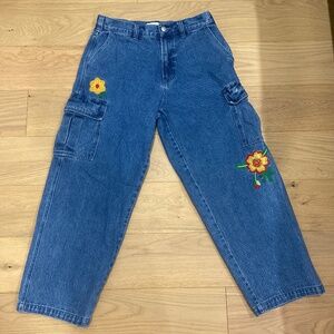 Vintage Obey Cargo Denim Jeans Flowers Embroidered Size 32 Mens